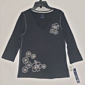 NWT Architect Black Long Sleeve Blouse Shirt Women Petite S Floral Embroidered